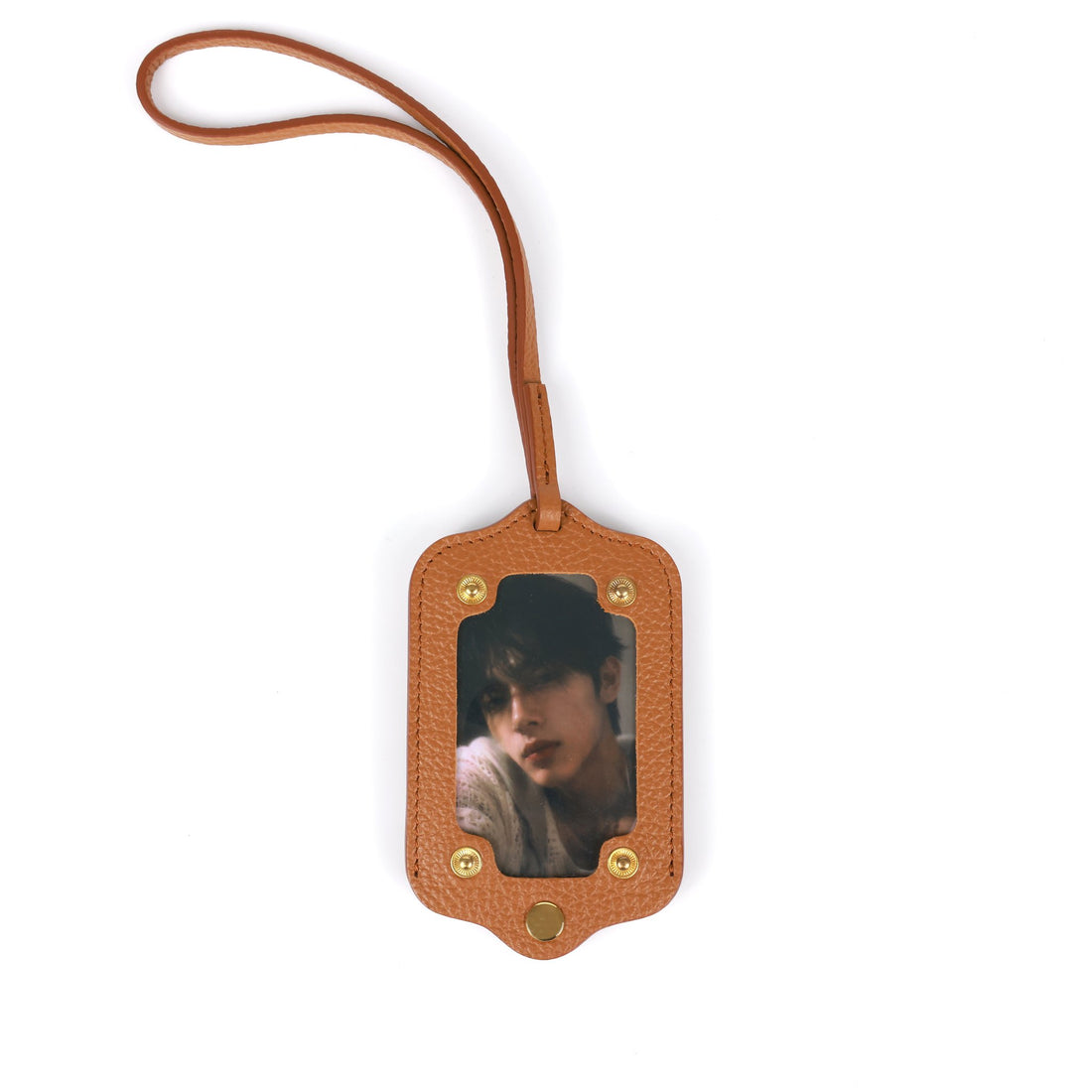 Caramel Ivory leather photocard holder open, revealing a photocard — Aurekto Signature Case